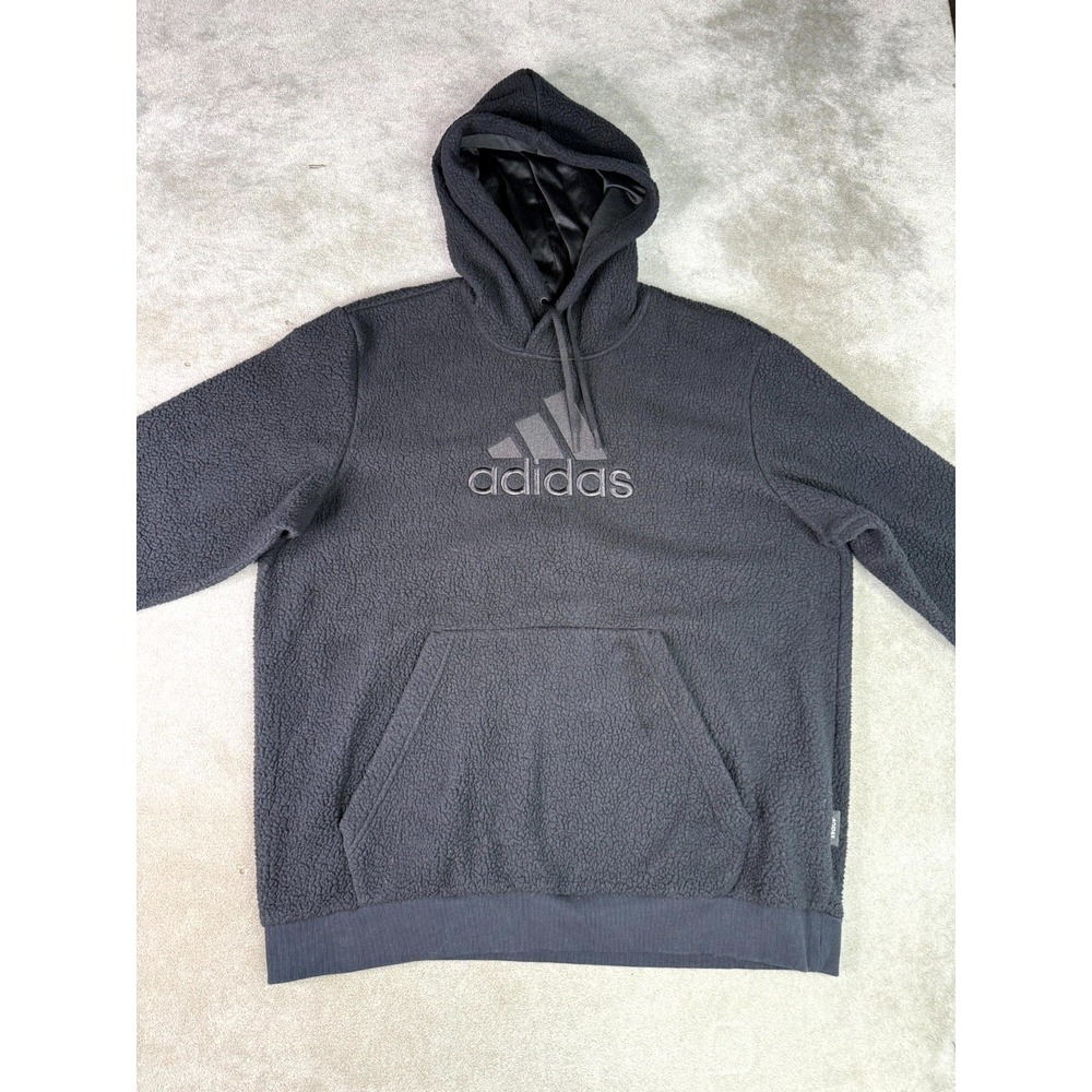 Adidas Sherpa Fleece Badge of Sport Hoodie Mens 2XL Black Kangaroo Pockets Logo